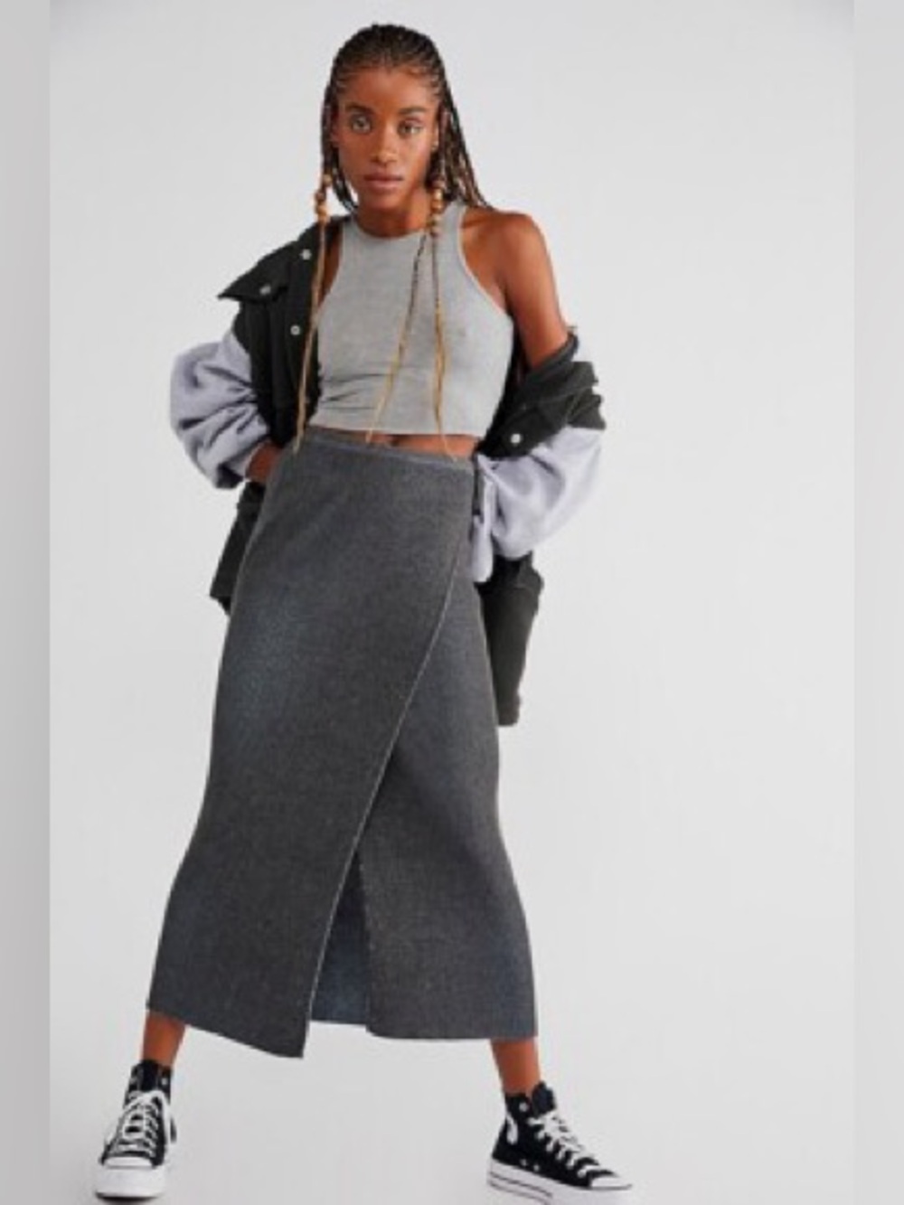 Free People Borderline Ribbed Knit Midi Wrap Skirt Dark Charcoal Large Capsule